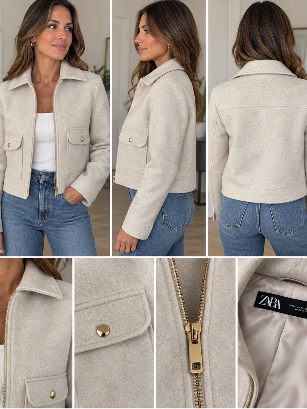 Zara Beige Wool-Look Cropped Jacket Gold Hardware XS